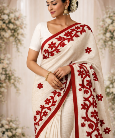 White & Bold Red Appliqué Kota Cotton Saree