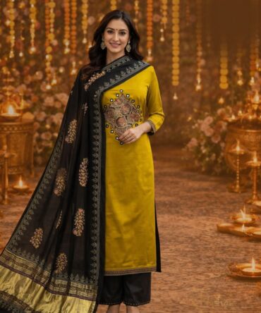 Yellow Applique Cotton Silk Suit Set
