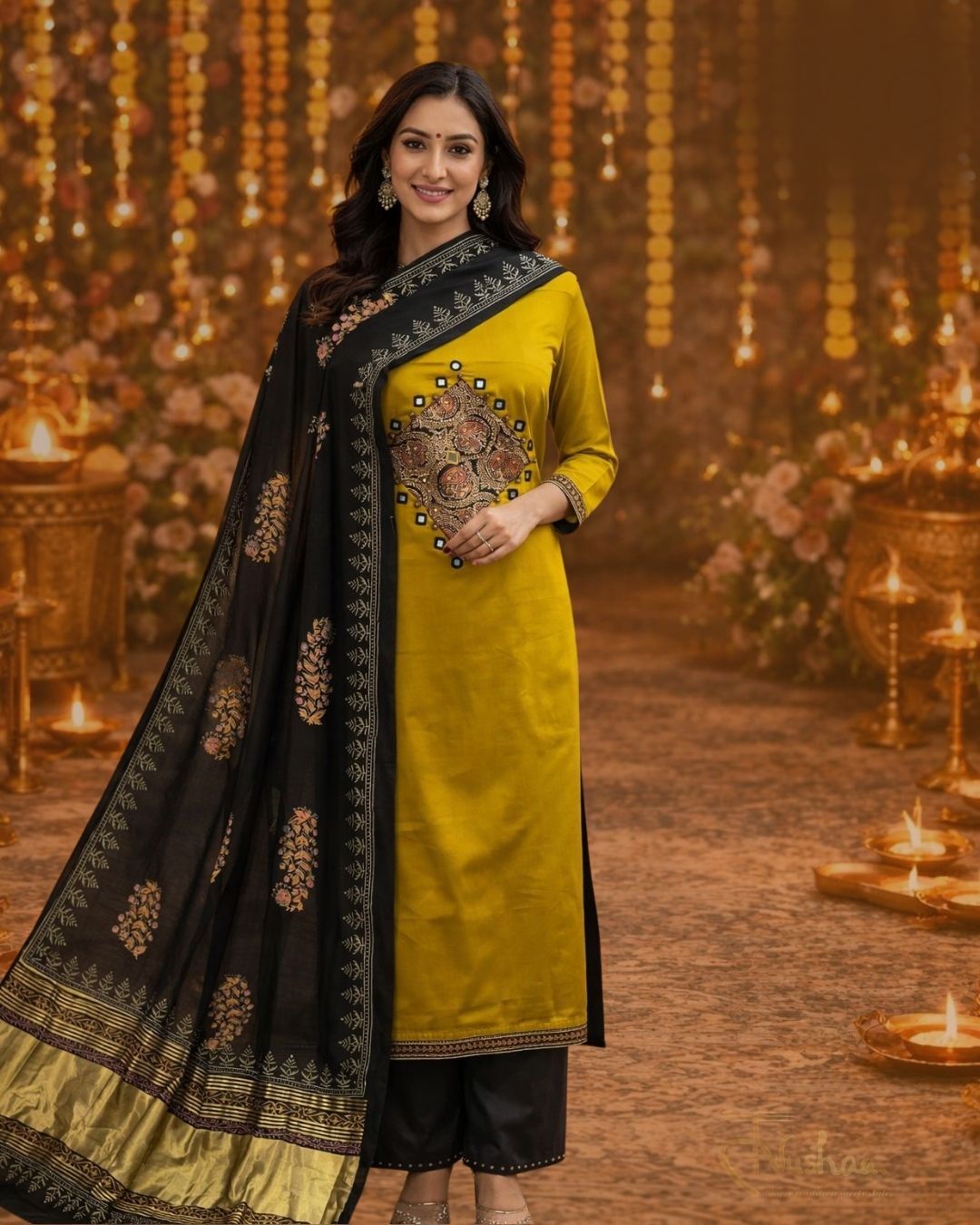Yellow Applique Cotton Silk Suit Set