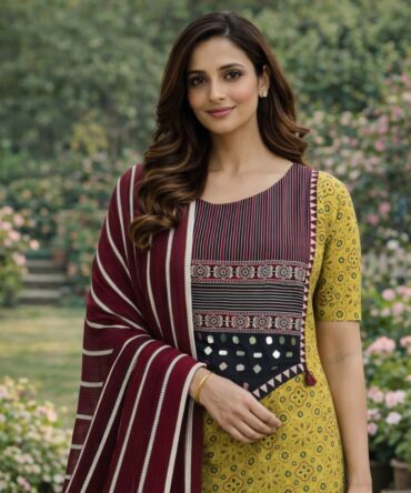 Yellow & Red Ajrakh Mirror- work Cotton Suit