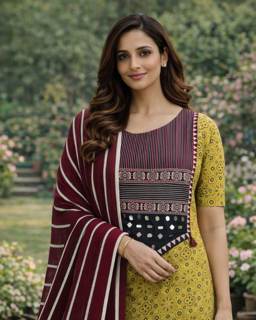 Yellow & Red Ajrakh Mirror- work Cotton Suit