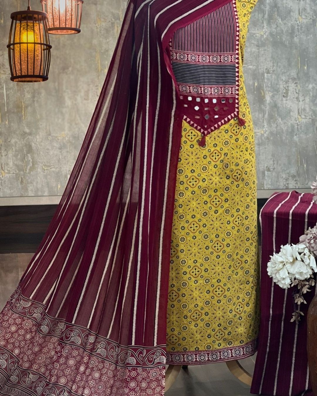 Yellow & Red Ajrakh Mirror- work Cotton Suit - Image 2