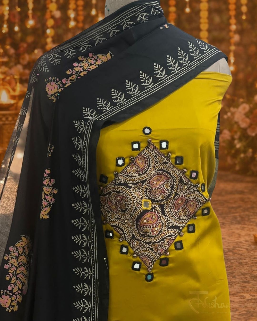 Yellow Applique Cotton Silk Suit Set - Image 2