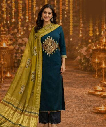 Teal Applique Cotton Silk Suit Set