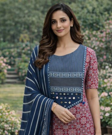 Indigo & Red Ajrakh Mirror-Work Cotton Suit