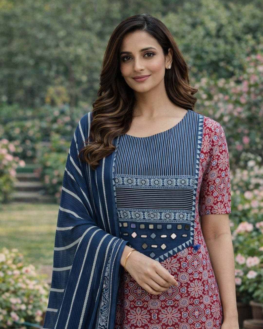 Indigo & Red Ajrakh Mirror-Work Cotton Suit