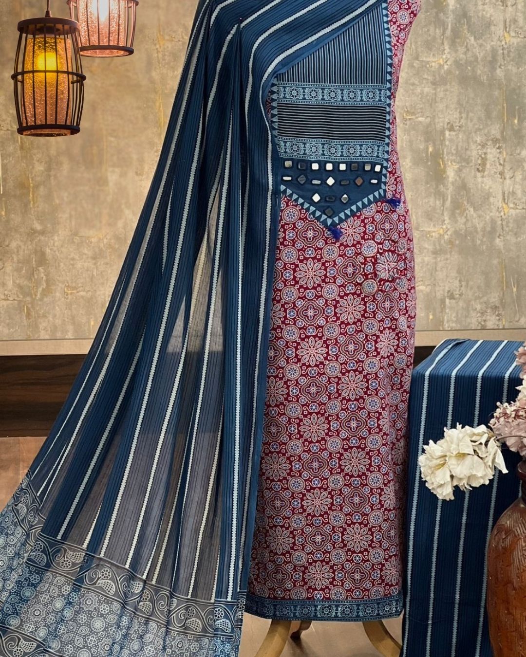 Indigo & Red Ajrakh Mirror-Work Cotton Suit - Image 2
