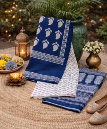 Navy Blue & White Hand-Printed Cotton Suit