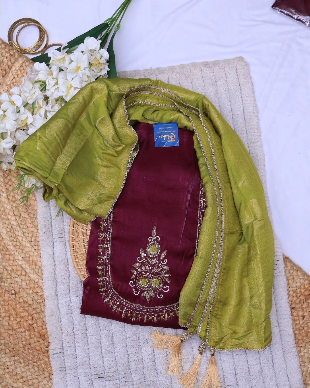 Wine & Forest Green Roman Glass Fabric Suit