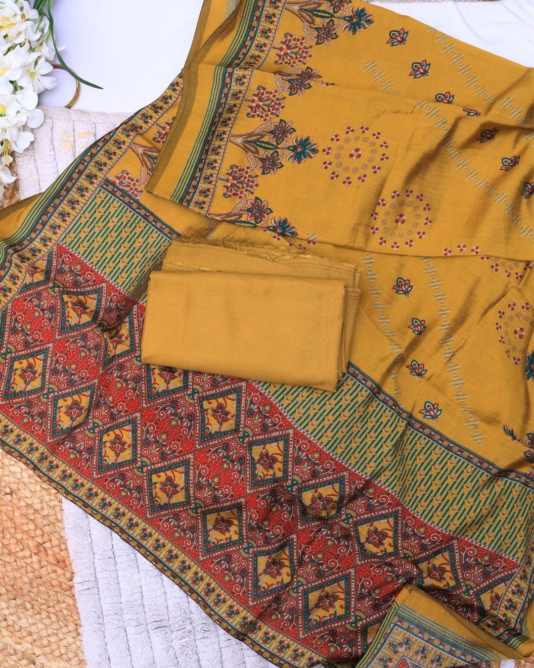 Zesty Yellow & Forest Green Modal Silk Suit Set - Image 4