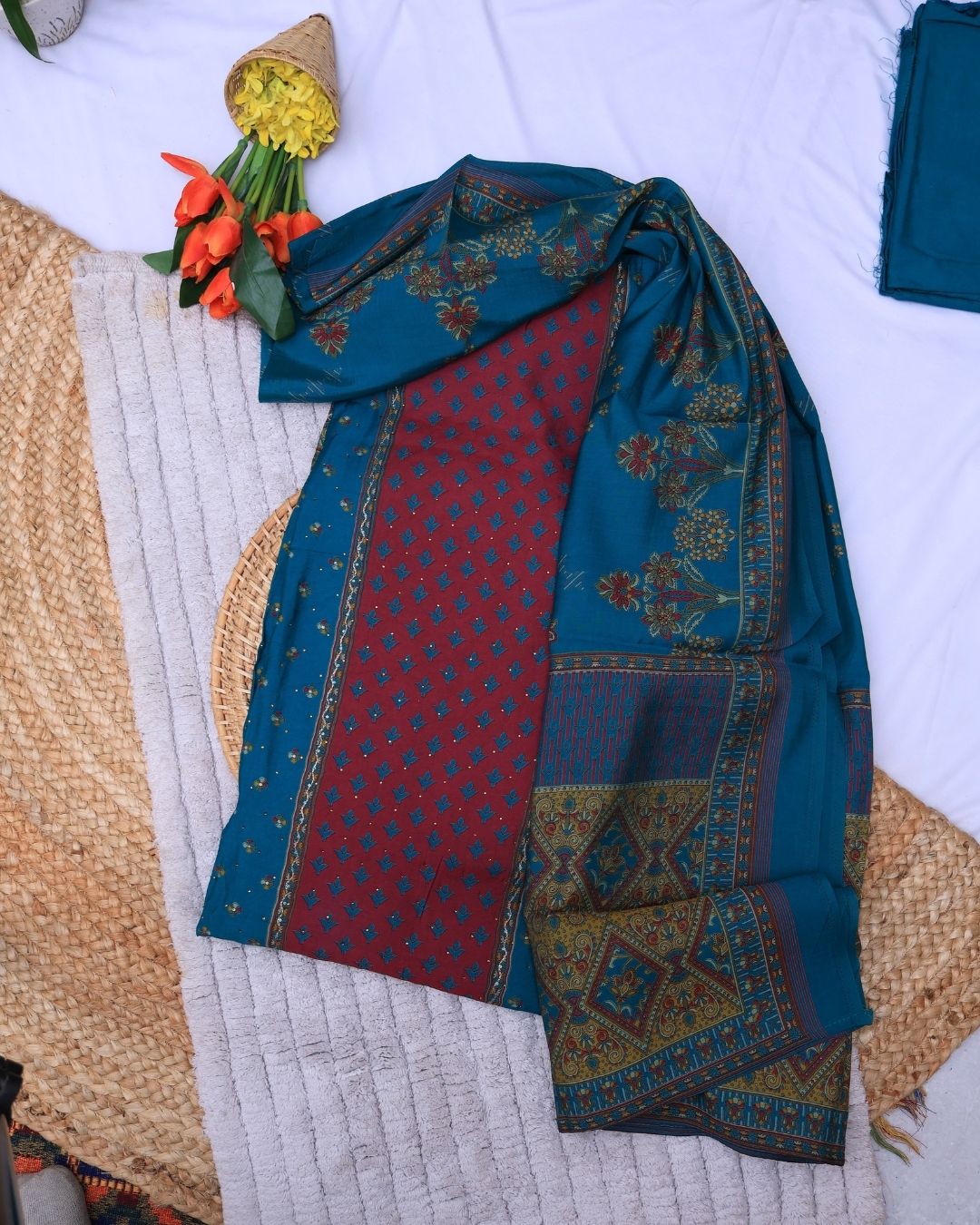 Emerald Green & Crimson Red Modal Silk Suit - Image 2