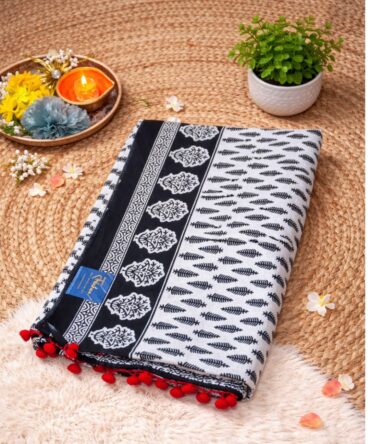 Hand-Blocked White & Black Mul Cotton Saree