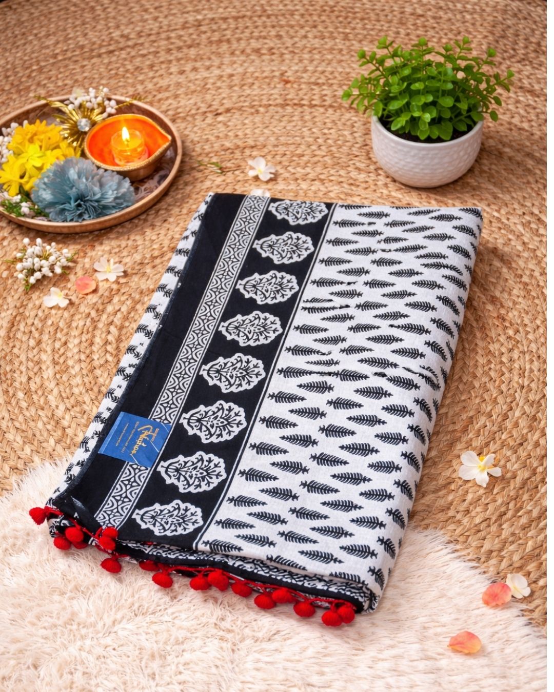 Hand-Blocked White & Black Mul Cotton Saree