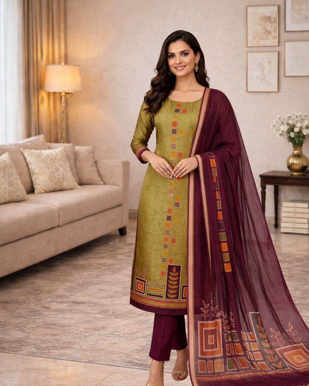 Green & Blue Digital Print Maheshwari Suit