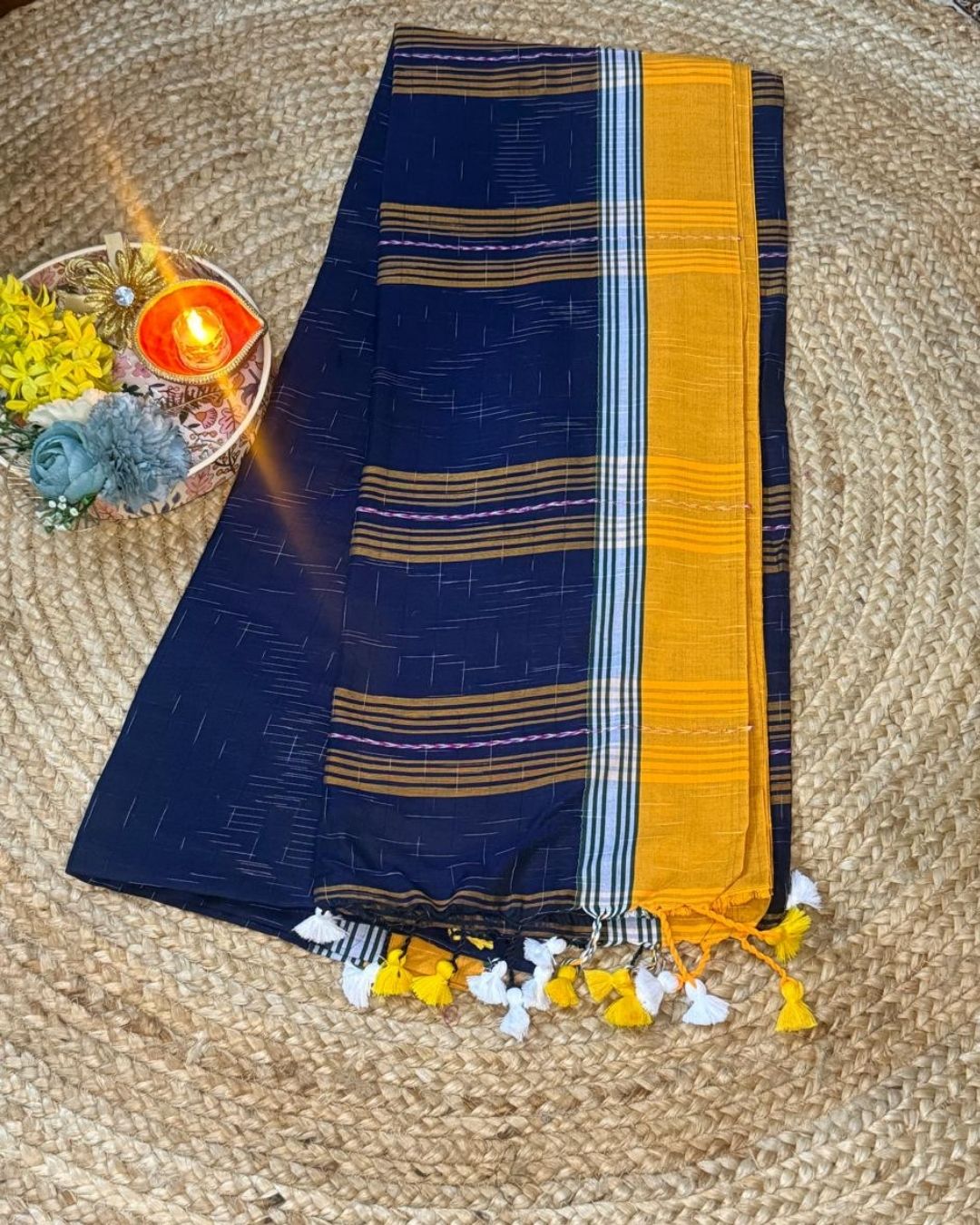Blue Khadi Cotton Saree - Image 2