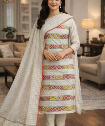 White Multicolour Premium Cotton Suit Set