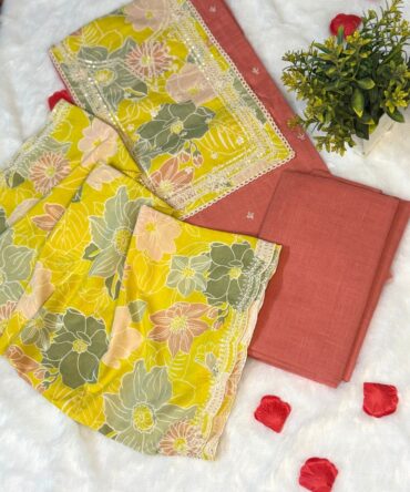 Peach & Yellow Muslin Silk Suit with Organza  Dupatta