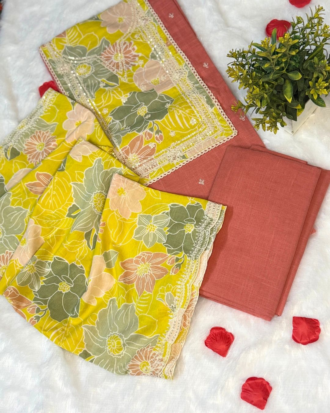 Peach & Yellow Muslin Silk Suit with Organza Dupatta